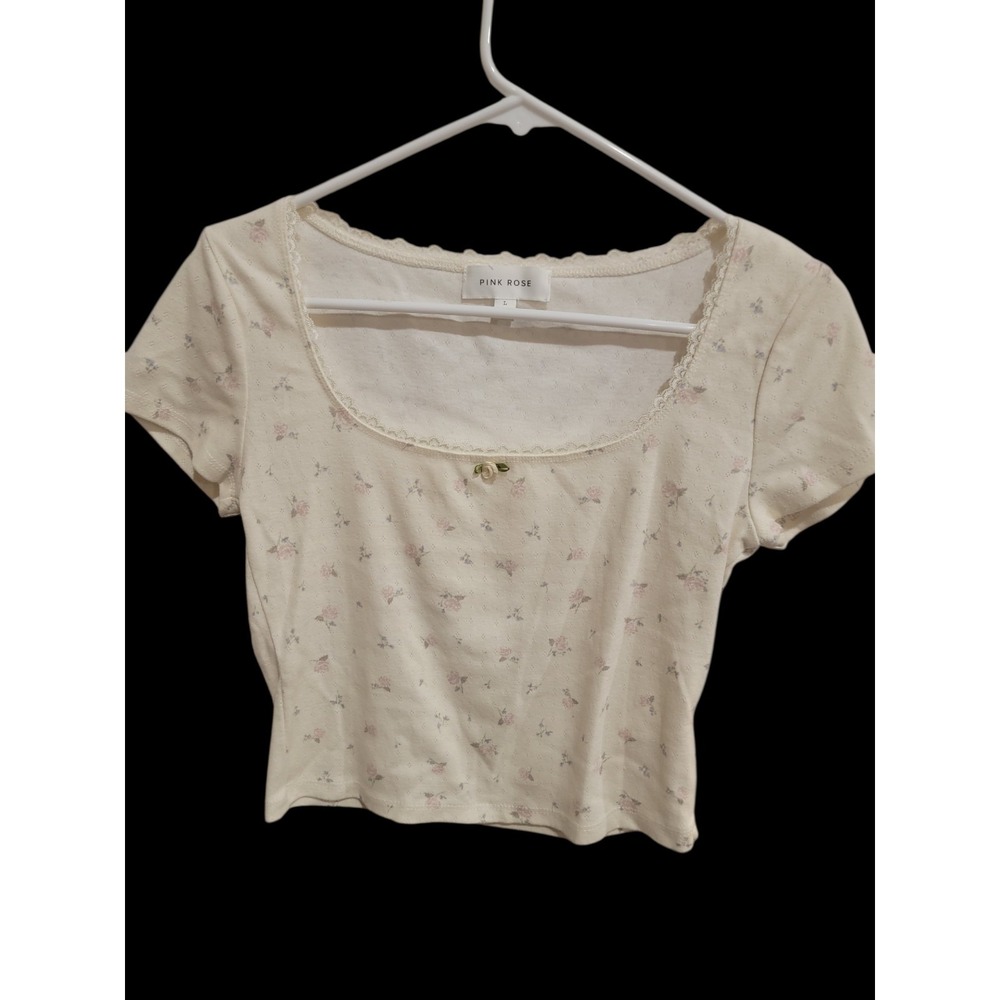 Pink Rose Sz L Cottagecore Y2K Floral Crop Top Lace Trim Short Sleeve Shirt‎ Top
